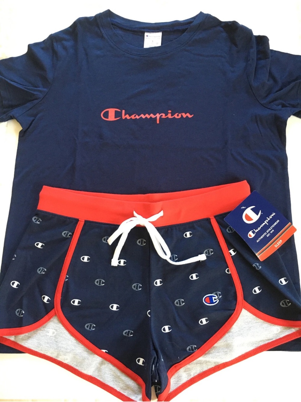 Champion Navy Tee with Navy & Red Trim Logo Shorts